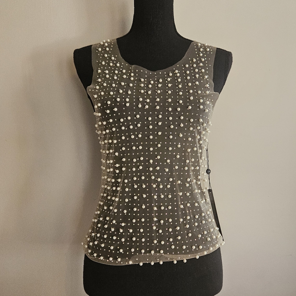 Mesh Faux Pearl Tank Top